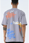 Gri Bisiklet Yaka Baskılı Oversize Kalıp Unisex T-Shirt
