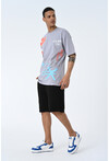 Gri Bisiklet Yaka Baskılı Oversize Kalıp Unisex T-Shirt