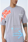 Gri Bisiklet Yaka Baskılı Oversize Kalıp Unisex T-Shirt