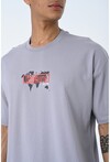 Gri Bisiklet Yaka Baskılı Oversize Kalıp Unisex T-Shirt
