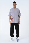 Gri Bisiklet Yaka Baskılı Oversize Kalıp Unisex T-Shirt