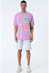 Lila Bisiklet Yaka Baskılı Oversize Kalıp Unisex T-Shirt