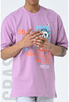 Lila Bisiklet Yaka Baskılı Oversize Kalıp Unisex T-Shirt