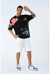 Siyah Bisiklet Yaka Baskılı Oversize Kalıp Unisex T-Shirt